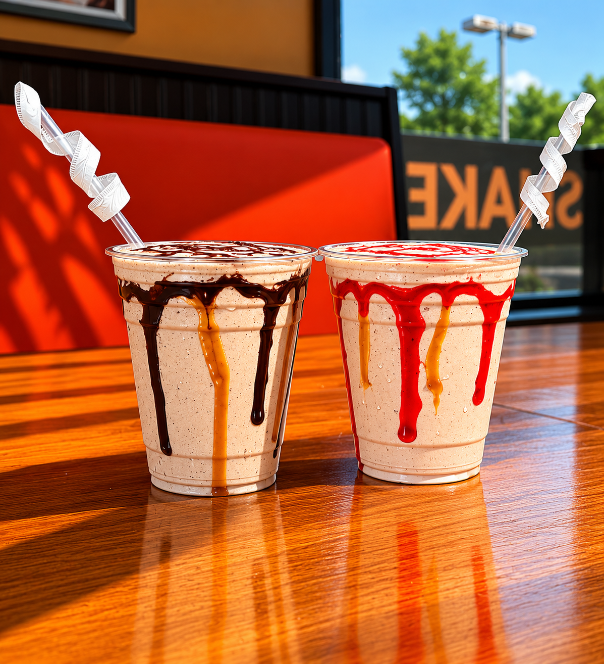 Two shakes topped with dramatic syrup drips on a sunlit booth table.