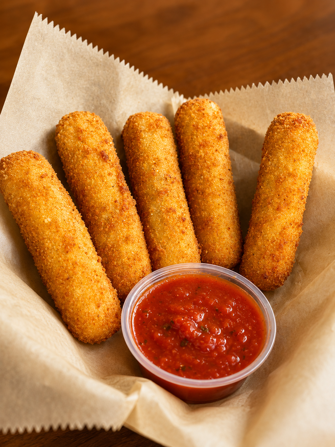 A basket of mozzarella sticks with marinara sauce shot in warm light.